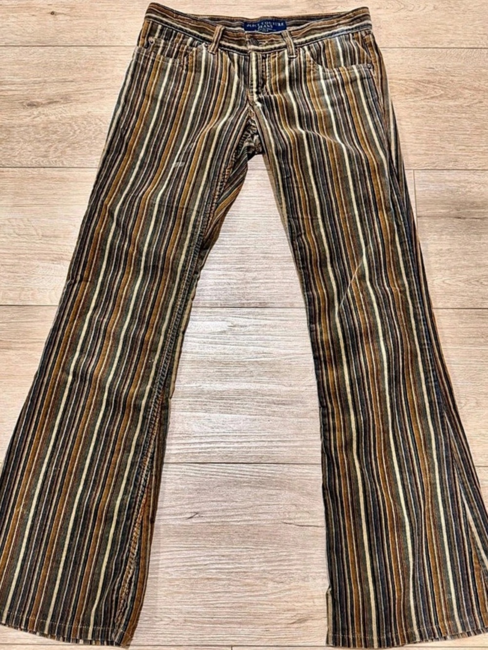 90s Juicy Couture Striped Flare Pants in Brown & Blue